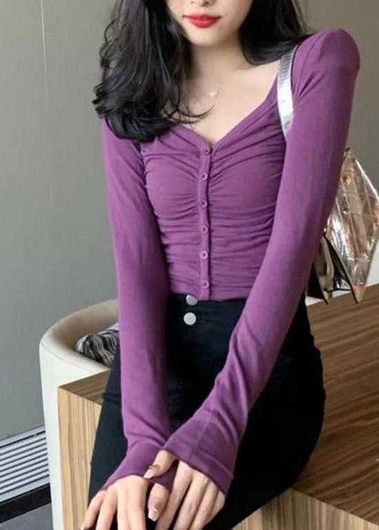 Simple Purple Square Collar Wrinkled Patchwork Slim Fit Cotton Top Spring LY4684 - fabuloryshop