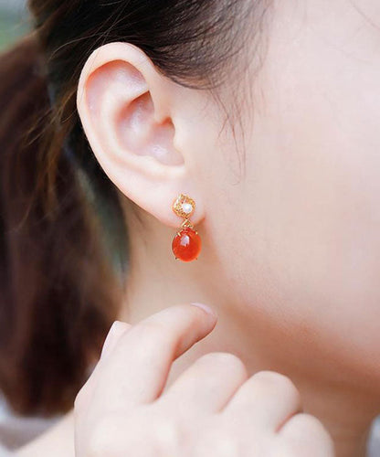 Simple Red 18K Gold Inlaid Jade Agate Drop Earrings Ada Fashion