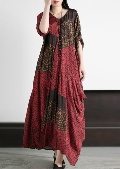 Simple Red Asymmetrical Print Silk Long Dress Short Sleeve LY5114 - fabuloryshop