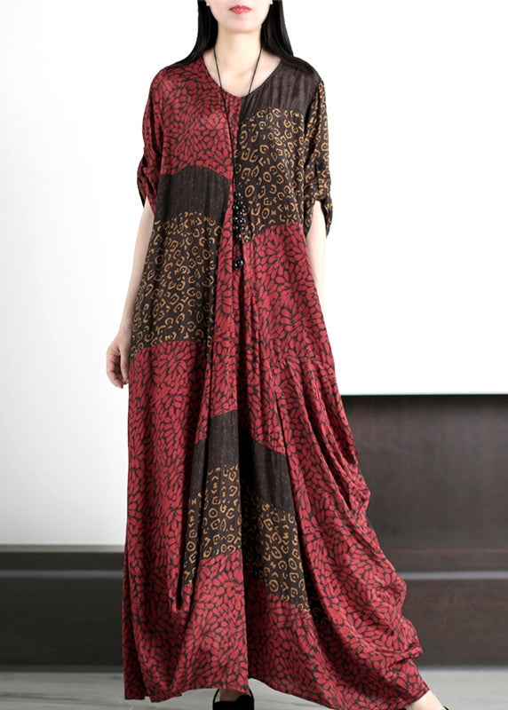 Simple Red Asymmetrical Print Silk Long Dress Short Sleeve LY5114 - fabuloryshop