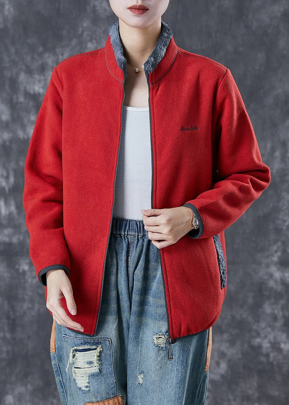 Simple Red Embroidered Warm Fleece Coat Winter Ada Fashion