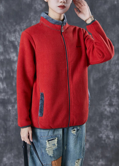 Simple Red Embroidered Warm Fleece Coat Winter Ada Fashion