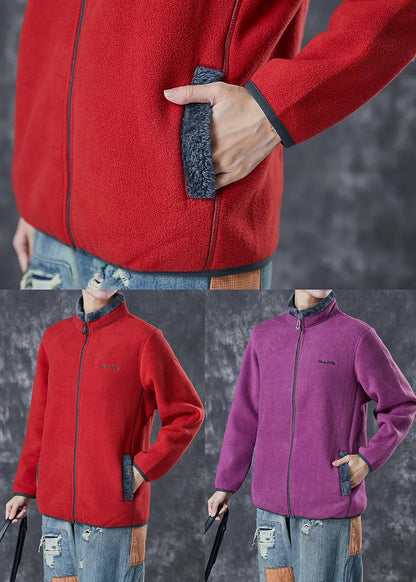 Simple Red Embroidered Warm Fleece Coat Winter Ada Fashion