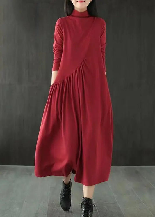 Simple Red Hign Neck Wrinkled Patchwork Cotton Long Dresses Fall Ada Fashion