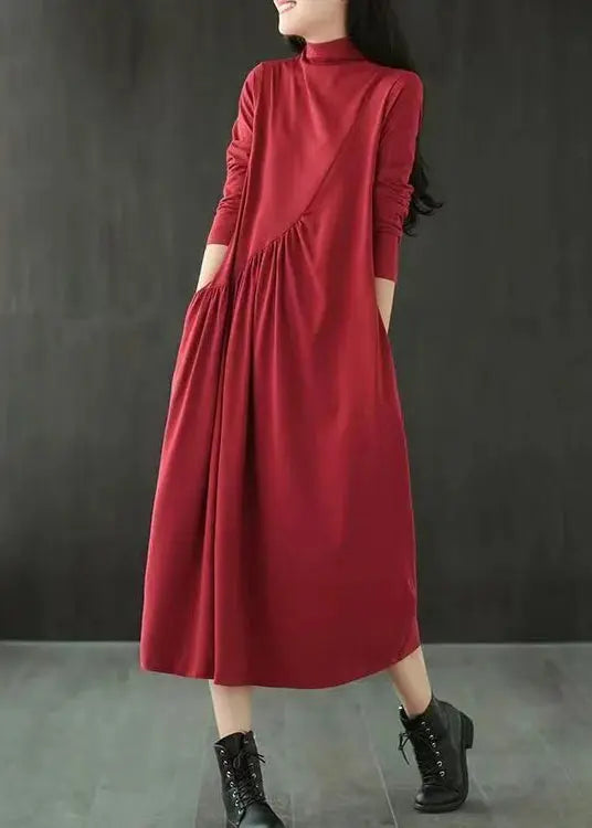 Simple Red Hign Neck Wrinkled Patchwork Cotton Long Dresses Fall Ada Fashion