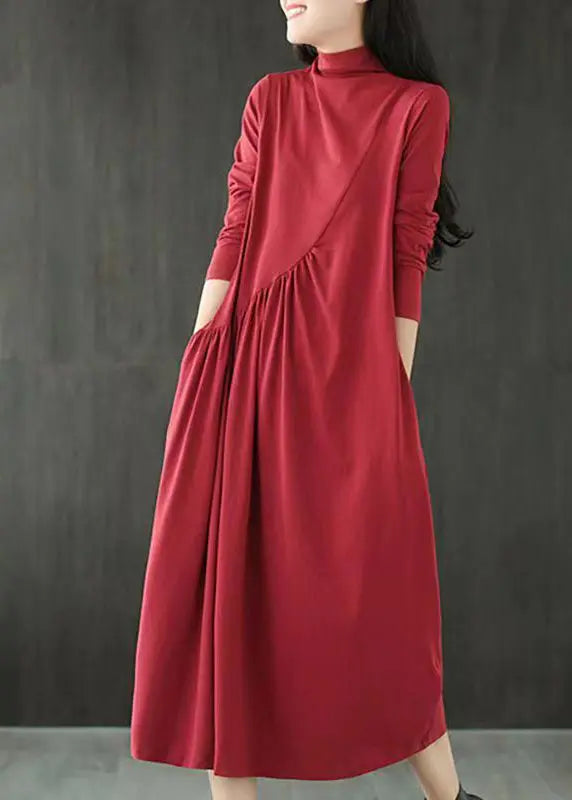 Simple Red Hign Neck Wrinkled Patchwork Cotton Long Dresses Fall Ada Fashion