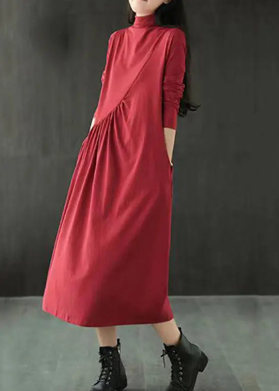 Simple Red Hign Neck Wrinkled Patchwork Cotton Long Dresses Fall Ada Fashion