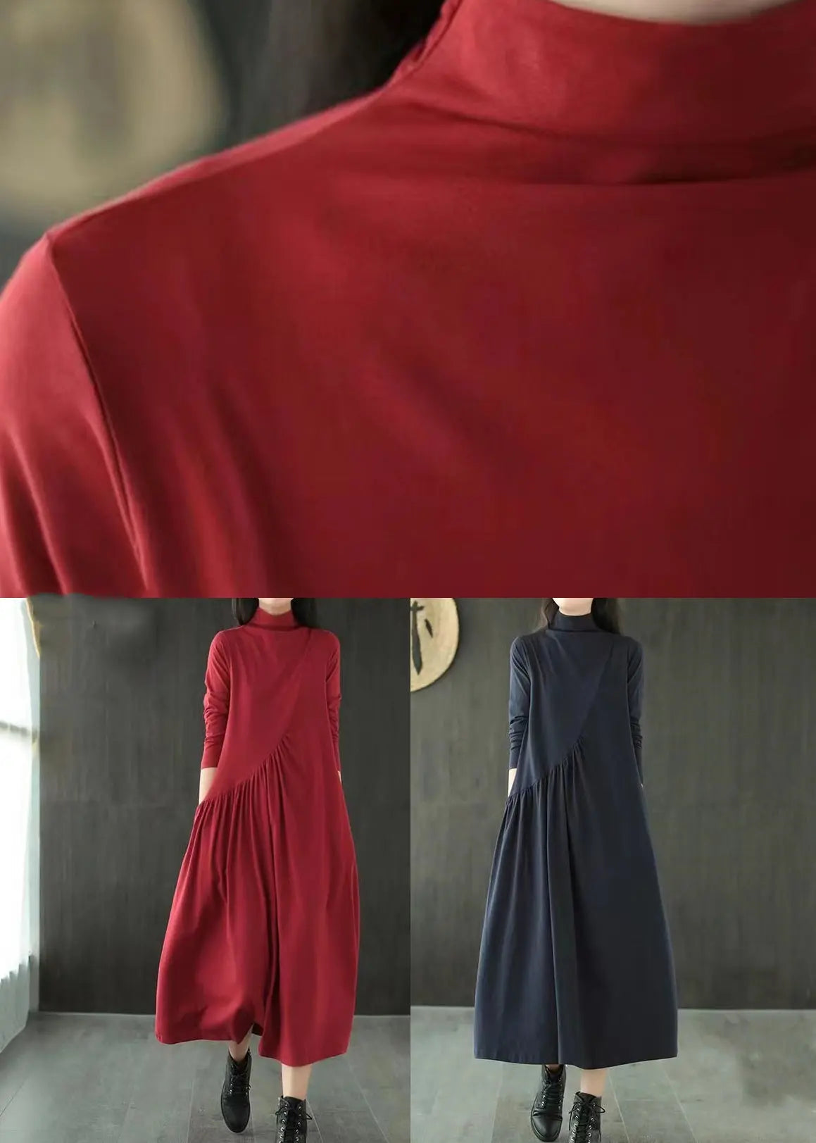 Simple Red Hign Neck Wrinkled Patchwork Cotton Long Dresses Fall Ada Fashion