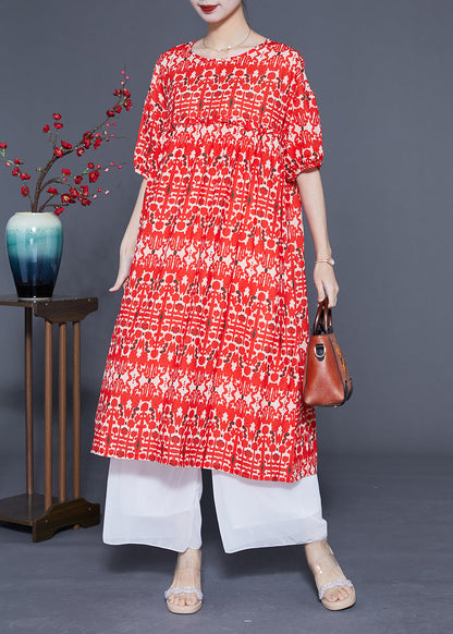 Simple Red O-Neck Ruffled Print Silk Holiday Dress Summer LC0379 - fabuloryshop