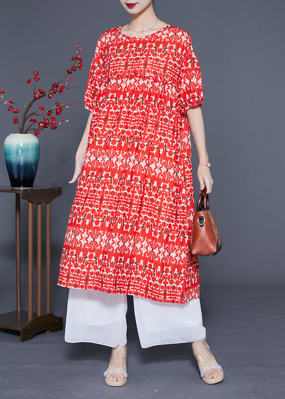 Simple Red O-Neck Ruffled Print Silk Holiday Dress Summer LY1109 - fabuloryshop