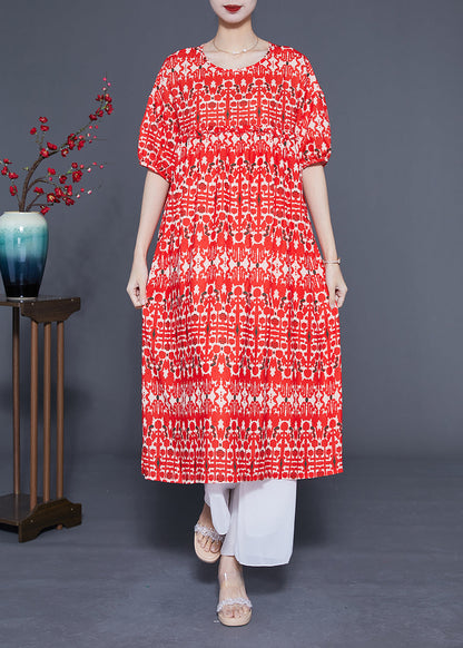 Simple Red O-Neck Ruffled Print Silk Holiday Dress Summer LC0379 - fabuloryshop