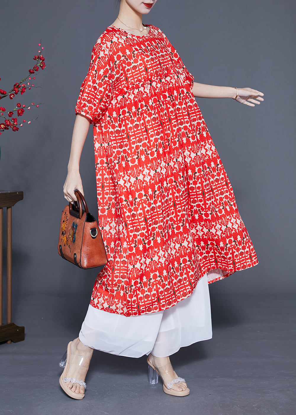 Simple Red O-Neck Ruffled Print Silk Holiday Dress Summer LC0379 - fabuloryshop