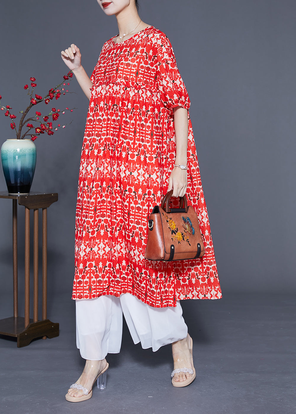 Simple Red O-Neck Ruffled Print Silk Holiday Dress Summer LY1109 - fabuloryshop