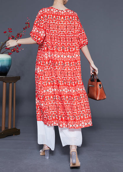 Simple Red O-Neck Ruffled Print Silk Holiday Dress Summer LC0379 - fabuloryshop