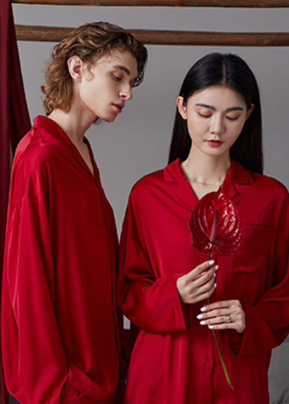 Simple Red Peter Pan Collar Button Solid Ice Silk Couple Pajamas Two Pieces Set Long Sleeve LY1862 - fabuloryshop