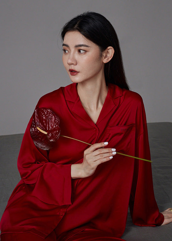 Simple Red Peter Pan Collar Button Solid Ice Silk Couple Pajamas Two Pieces Set Long Sleeve LY1862 - fabuloryshop