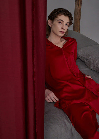 Simple Red Peter Pan Collar Button Solid Ice Silk Couple Pajamas Two Pieces Set Long Sleeve LY1862 - fabuloryshop