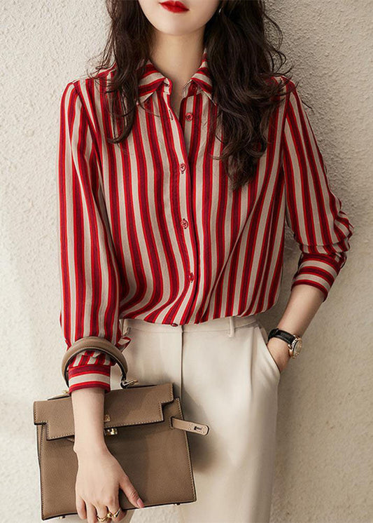 Simple Red Peter Pan Collar Striped Patchwork Chiffon Shirt Long Sleeve TQ1061 - fabuloryshop