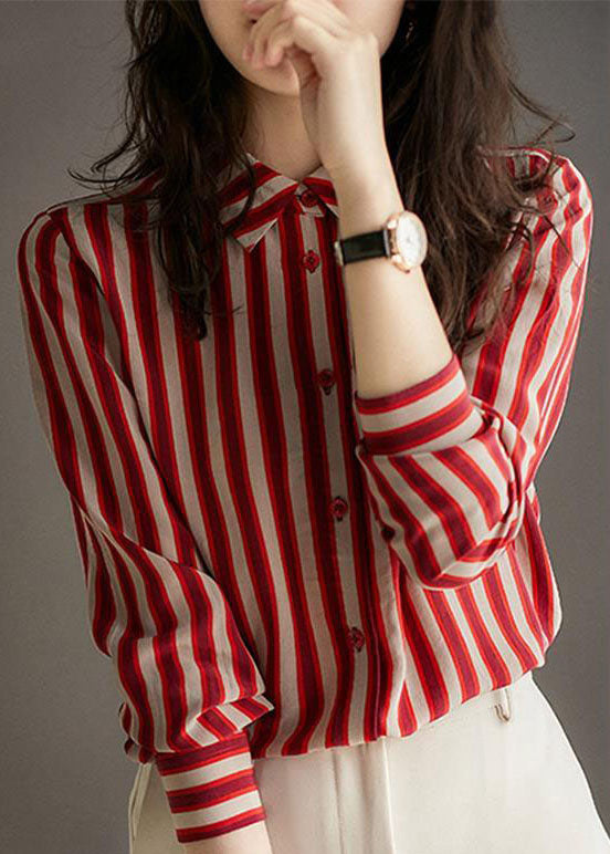 Simple Red Peter Pan Collar Striped Patchwork Chiffon Shirt Long Sleeve Ada Fashion