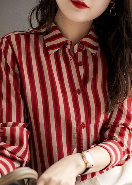 Simple Red Peter Pan Collar Striped Patchwork Chiffon Shirt Long Sleeve TQ1061 - fabuloryshop