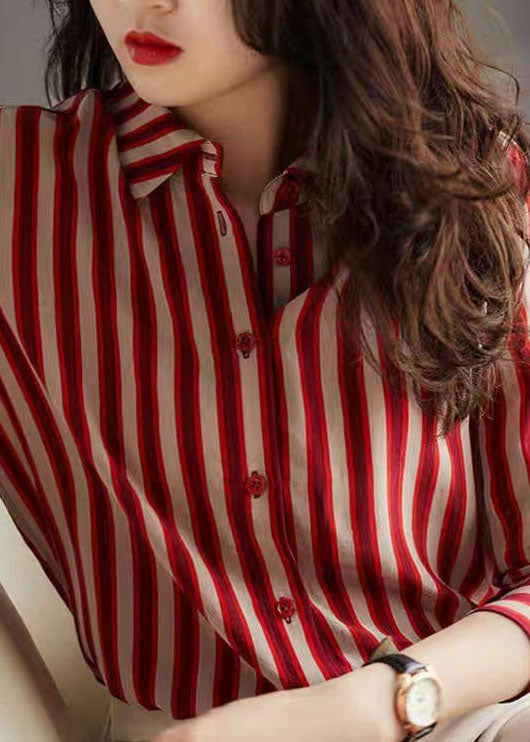 Simple Red Peter Pan Collar Striped Patchwork Chiffon Shirt Long Sleeve Ada Fashion