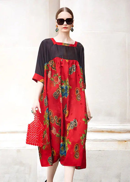 Simple Red Square Collar Print Patchwork Long Dress Short Sleeve Ada Fashion