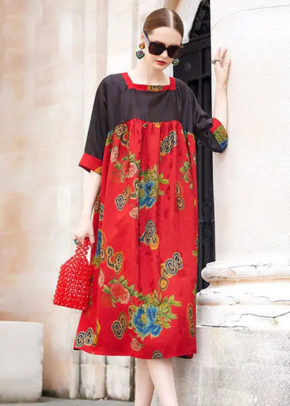 Simple Red Square Collar Print Patchwork Long Dress Short Sleeve Ada Fashion