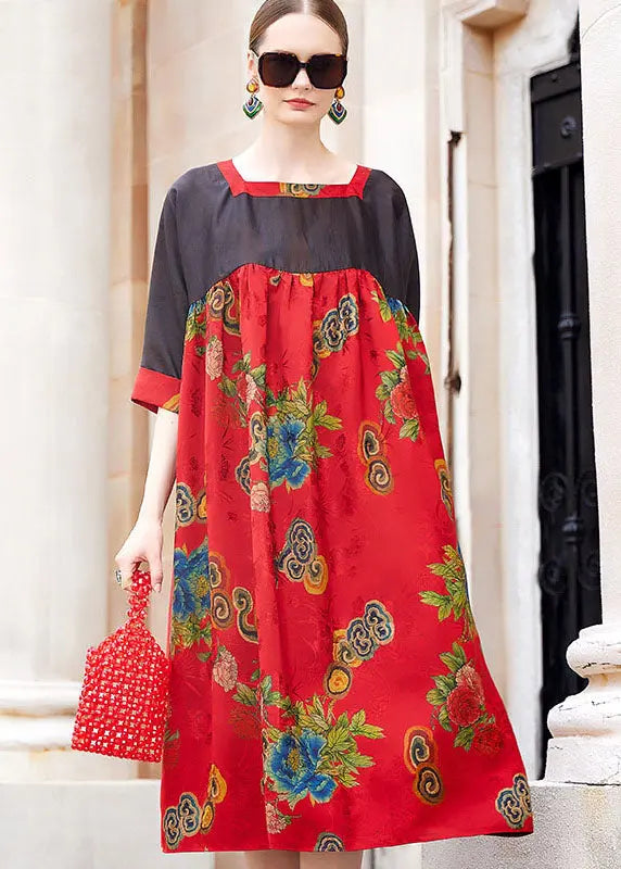 Simple Red Square Collar Print Patchwork Long Dress Short Sleeve Ada Fashion