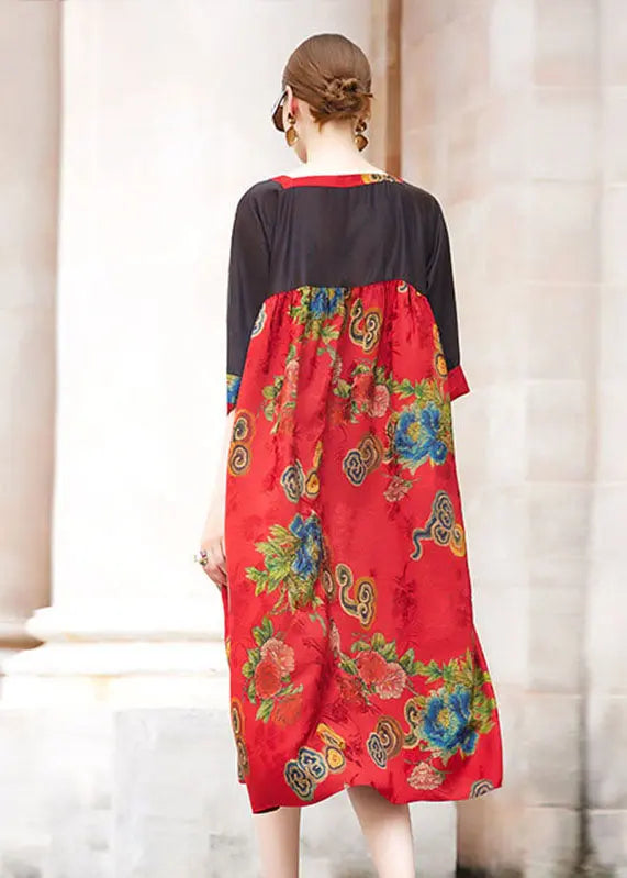 Simple Red Square Collar Print Patchwork Long Dress Short Sleeve Ada Fashion