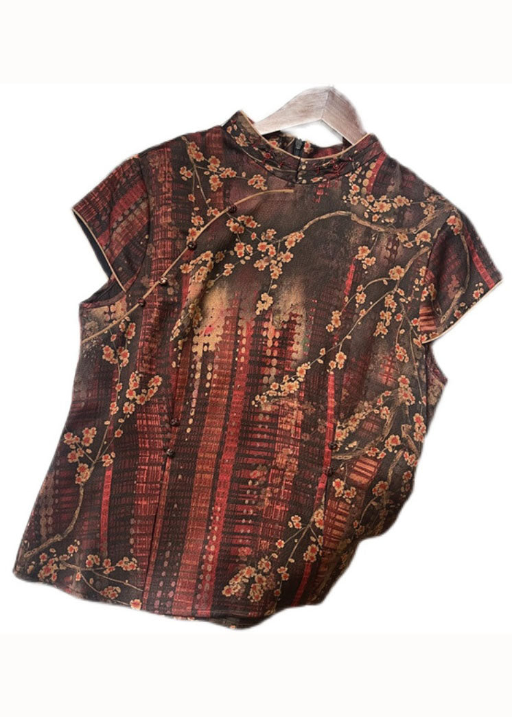 Simple Red Stand Collar Print Button Patchwork Silk Tops Summer LC0284 - fabuloryshop