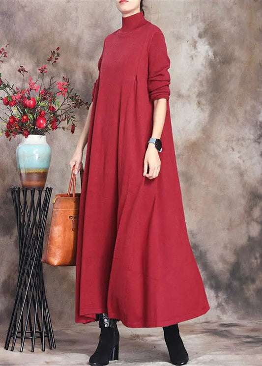 Simple Red Turtleneck Patchwork Knit Cotton Maxi Dress Long Sleeve Ada Fashion