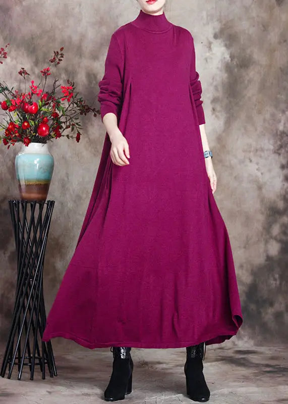 Simple Red Turtleneck Patchwork Knit Cotton Maxi Dress Long Sleeve Ada Fashion