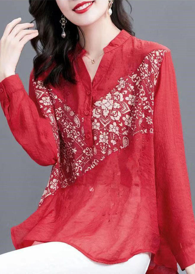 Simple Red V Neck Print Zircon Patchwork Chiffon Shirt Top Long Sleeve LY5978 Ada Fashion