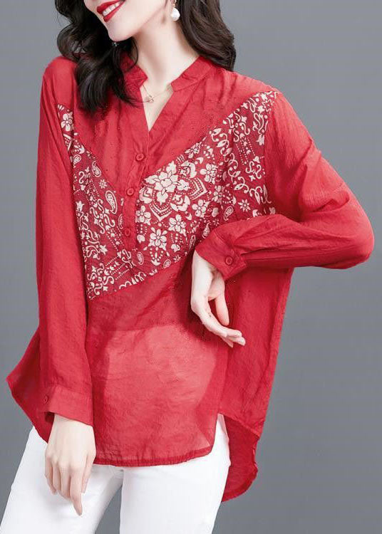 Simple Red V Neck Print Zircon Patchwork Chiffon Shirt Top Long Sleeve LY5978 Ada Fashion