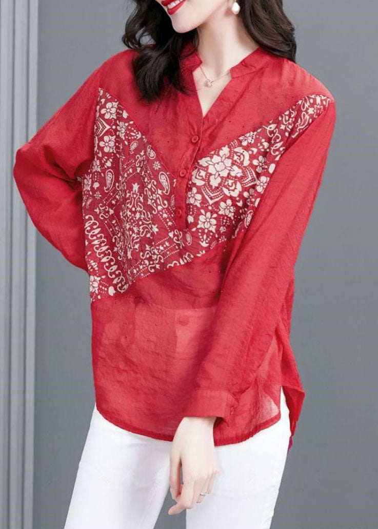 Simple Red V Neck Print Zircon Patchwork Chiffon Shirt Top Long Sleeve LY5978 Ada Fashion