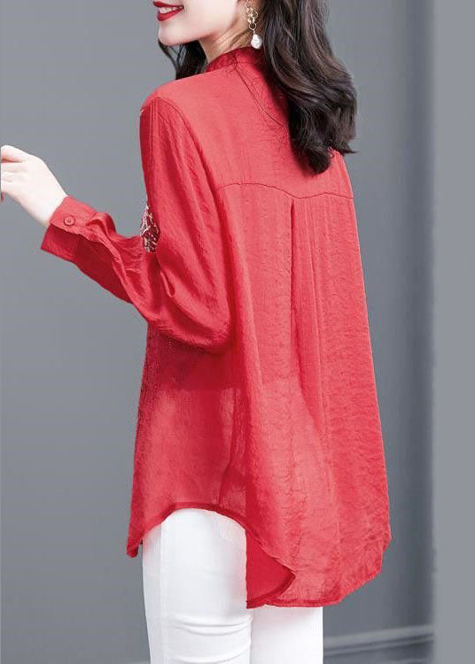 Simple Red V Neck Print Zircon Patchwork Chiffon Shirt Top Long Sleeve LY5978 Ada Fashion