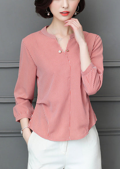 Simple Red V Neck Wrinkled Striped Chiffon Blouse Top Bracelet Sleeve LY0457 - fabuloryshop