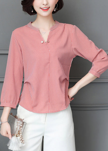 Simple Red V Neck Wrinkled Striped Chiffon Blouse Top Bracelet Sleeve LY0457 - fabuloryshop