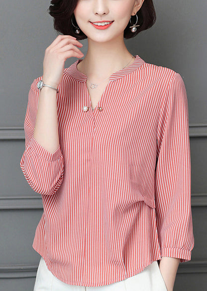 Simple Red V Neck Wrinkled Striped Chiffon Blouse Top Bracelet Sleeve LY0457 - fabuloryshop