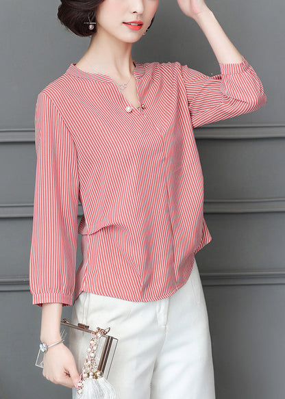 Simple Red V Neck Wrinkled Striped Chiffon Blouse Top Bracelet Sleeve LY0457 - fabuloryshop