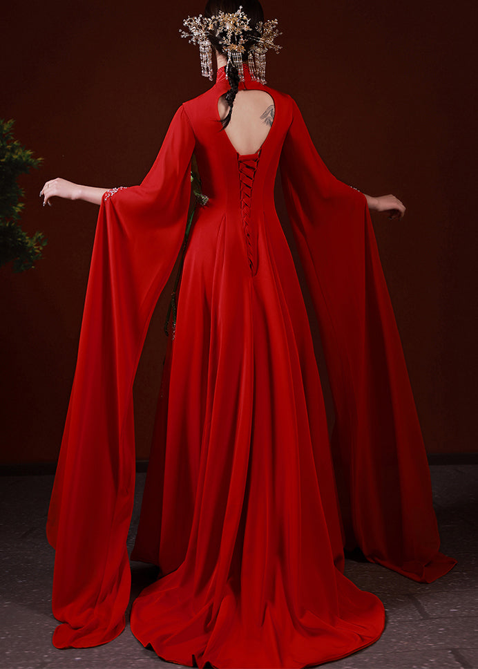 Simple Red V Neck Zircon Lace Up Silk Maxi Dress Long Sleeve Ada Fashion