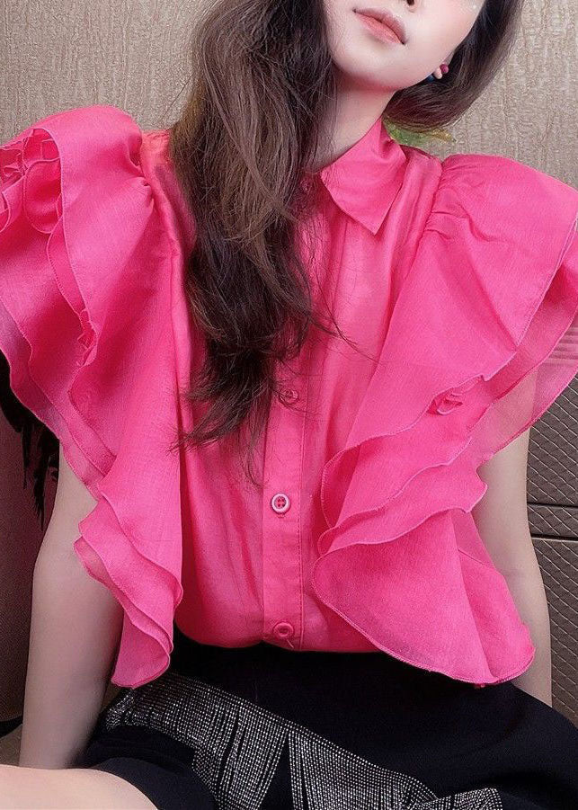 Simple Rose Peter Pan Collar Ruffled Patchwork Silk Shirt Top Summer LY3853 - fabuloryshop