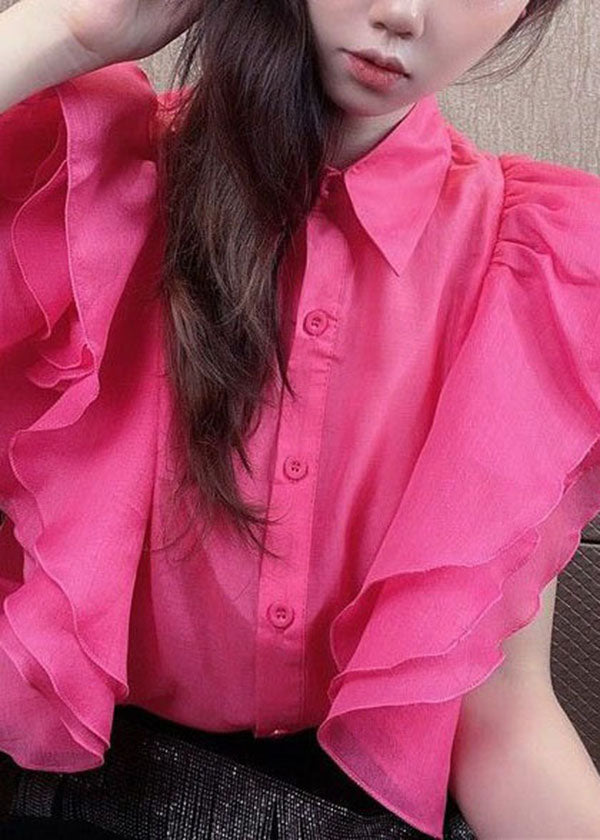 Simple Rose Peter Pan Collar Ruffled Patchwork Silk Shirt Top Summer LY3853 - fabuloryshop