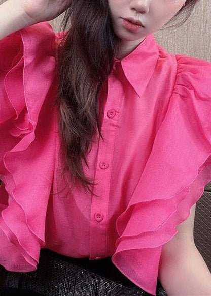 Simple Rose Peter Pan Collar Ruffled Patchwork Silk Shirt Top Summer LY3853 - fabuloryshop