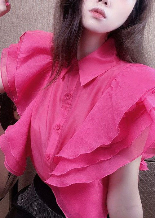 Simple Rose Peter Pan Collar Ruffled Patchwork Silk Shirt Top Summer LY3853 - fabuloryshop