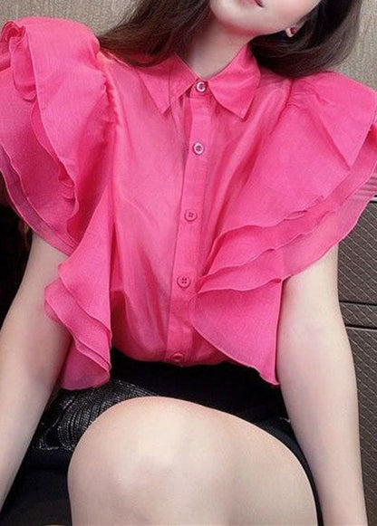 Simple Rose Peter Pan Collar Ruffled Patchwork Silk Shirt Top Summer LY3853 - fabuloryshop