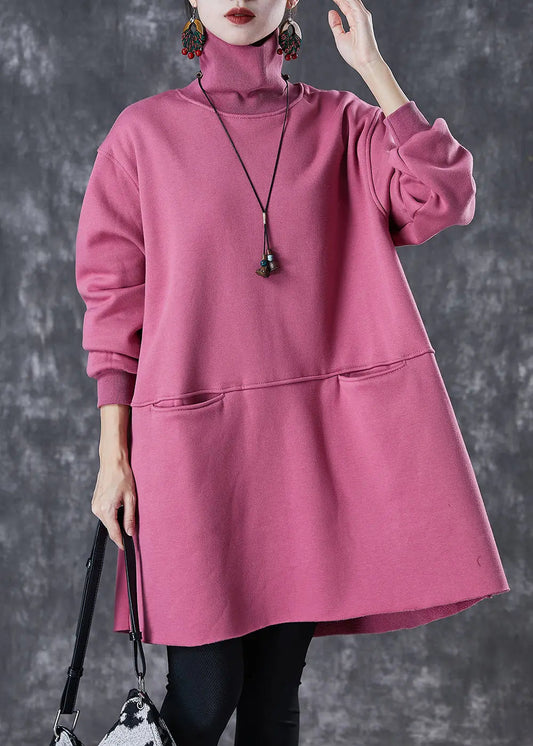 Simple Rose Turtle Neck Patchwork Cotton Mid Dress Fall Ada Fashion