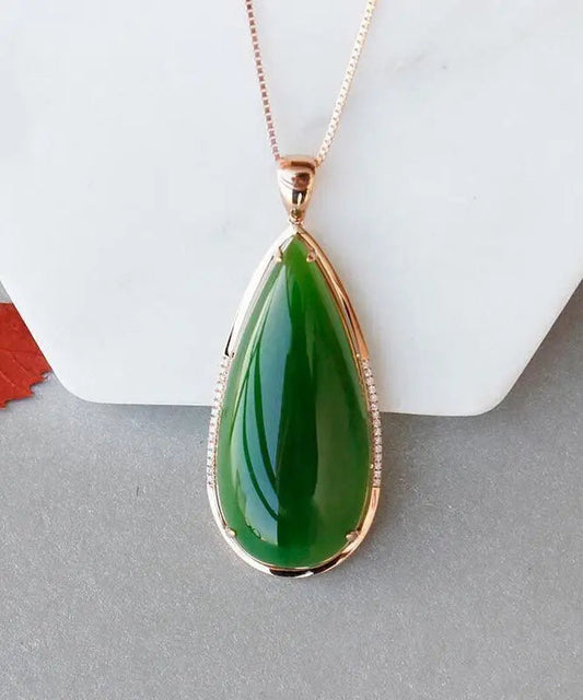 Simple Tea Green Sterling Silver 18K Inlaid Jade Pendant Necklace Ada Fashion