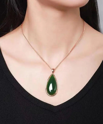 Simple Tea Green Sterling Silver 18K Inlaid Jade Pendant Necklace Ada Fashion