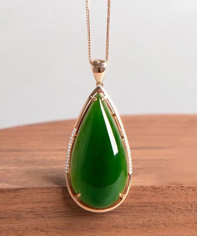 Simple Tea Green Sterling Silver 18K Inlaid Jade Pendant Necklace Ada Fashion